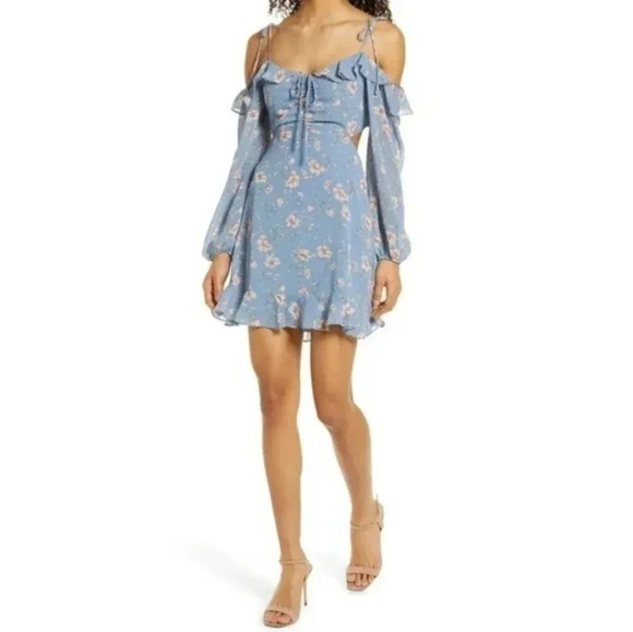 Floret Studio Floral Ruffle Mini Dress XS Blue Long Sleeve Cottagecore - Picture 8 of 10